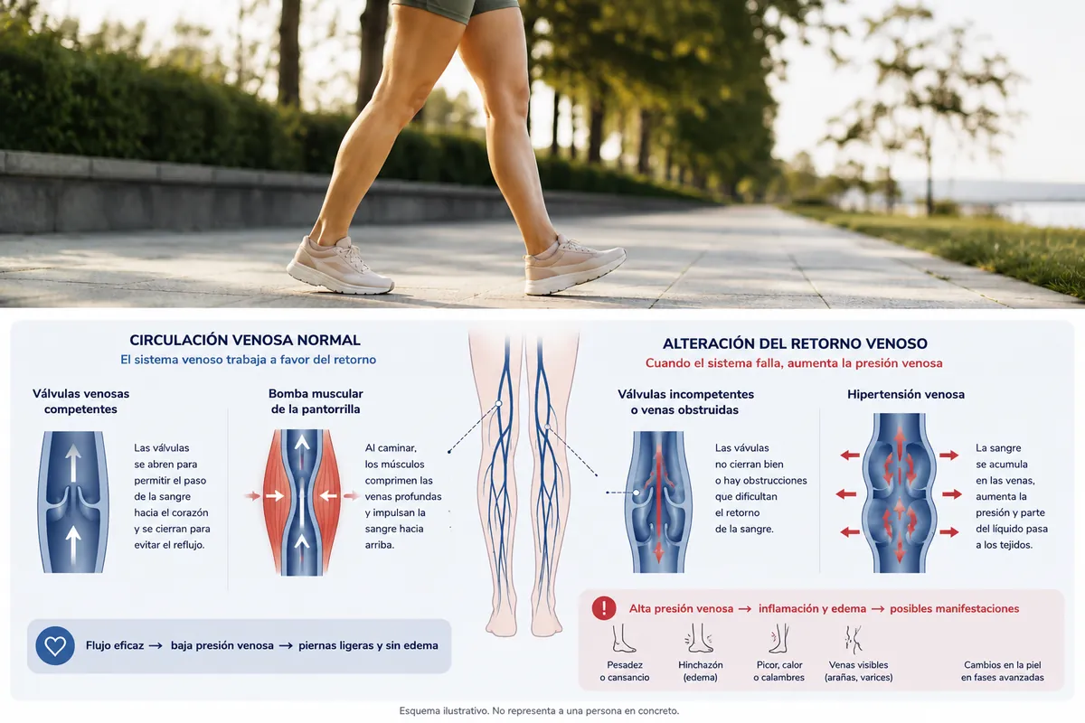 Esquema de la circulación venosa de las piernas que compara el retorno
venoso normal, con válvulas competentes y bomba muscular de la
pantorrilla, frente a una alteración del retorno venoso con aumento de
la presión venosa