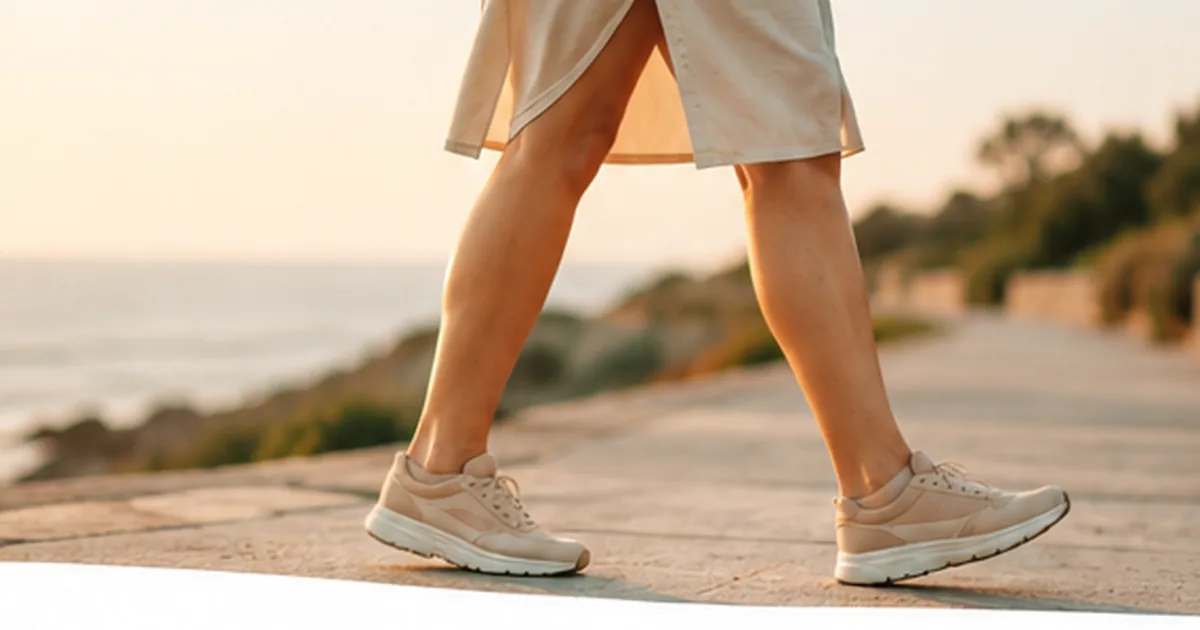 Piernas de una persona caminando al aire libre junto al mar
