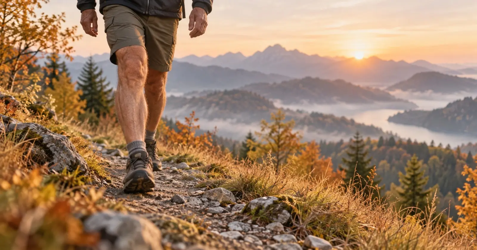 Persona caminando por un sendero de montaña al atardecer